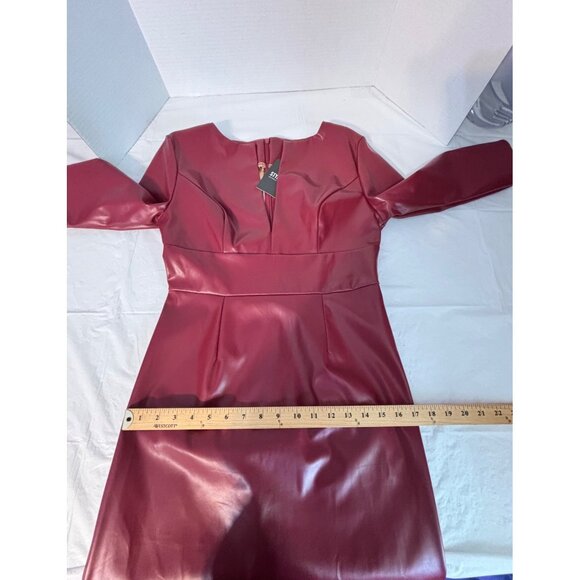 Stylewe Burgundy Faux Leather Dress 3/4 Sleeves Back Zipper Closure Women Small - Picture 9 of 11